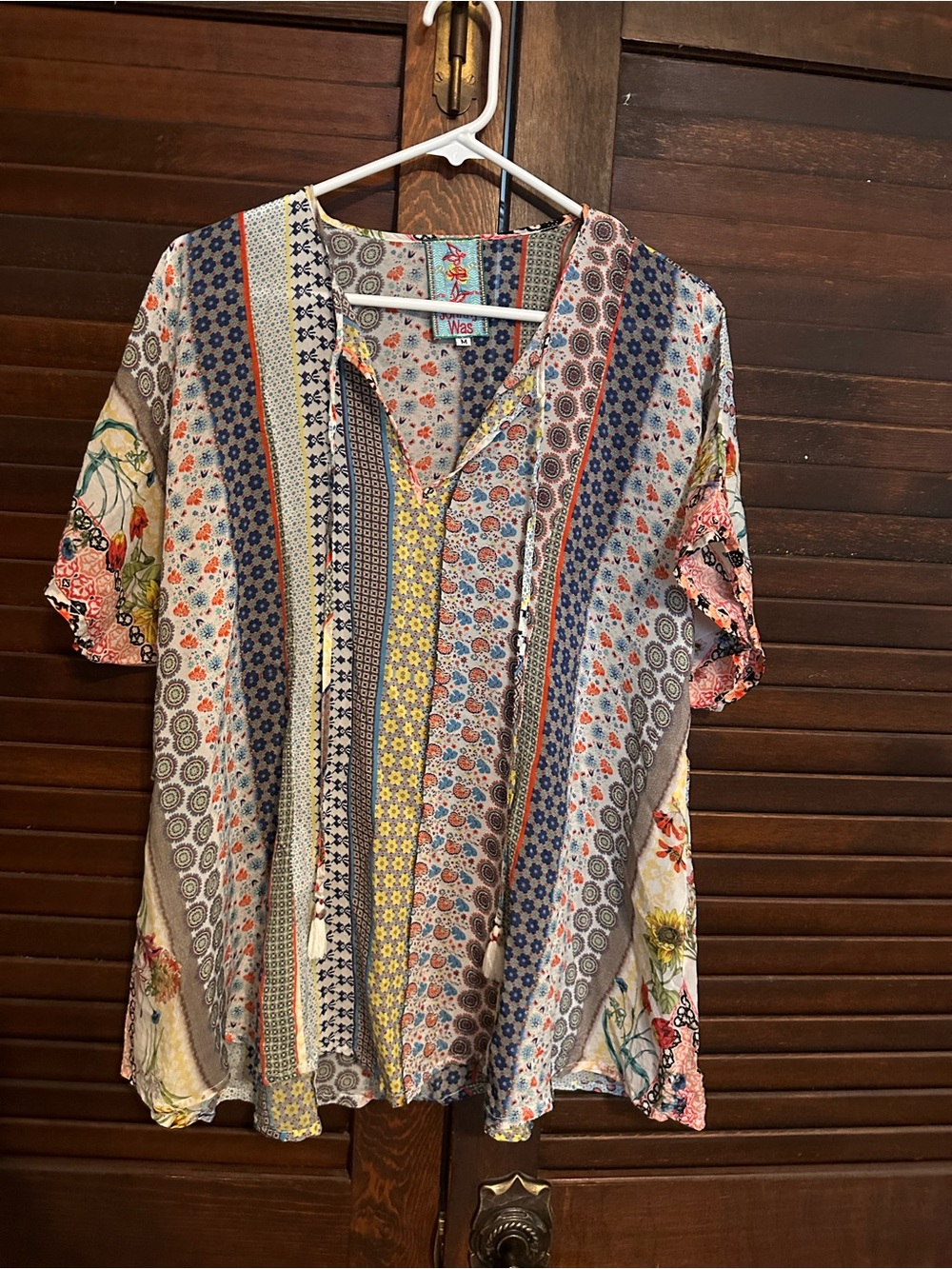 Johnny Was Silky Blouse Tunic Floral Striped Patchwork Tassels Loose Fit Large